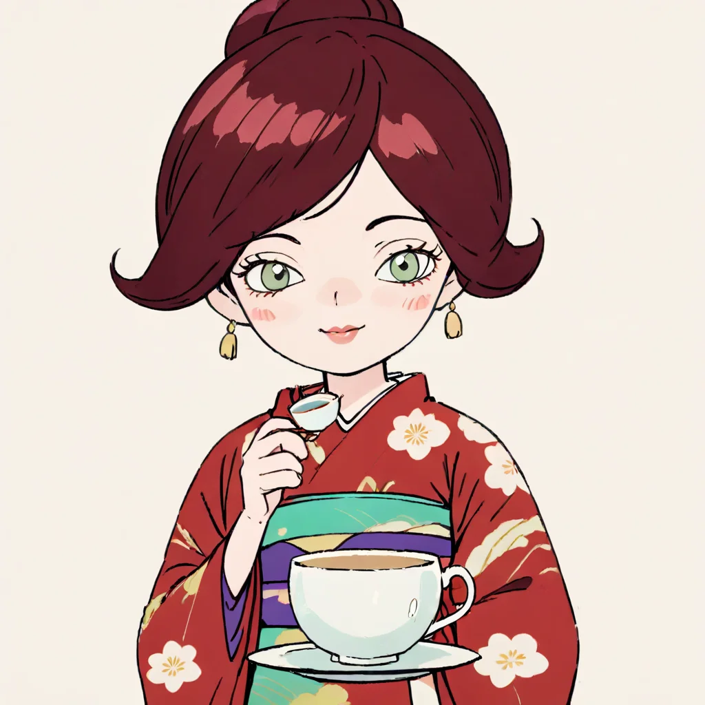 A cartoon character that is an anthropomorphic representation of a tea cup transformed into a beautiful woman. She should be wearing a traditional Japanese kimono that is rich in color and detail. Her facial features should be delicate and expressive, perhaps with a slight smile or a look of serenity. The tea cup handle could creatively be integrated into her hairstyle or accessories. The background should complement the character, possibly including elements like a tea set or a Japanese garden to emphasize the theme.,<lora:anpan:0.8>