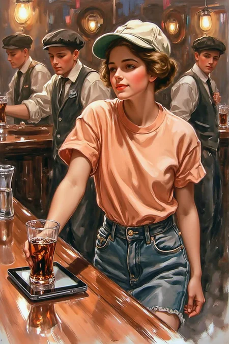 hafisher1 illustration.
The air buzzes with the energy of a busy bar, a mix of music, conversation, and the clinking of glasses. A barmaid, the embodiment of youthful vibrancy, navigates the lively scene. She wears a peach-coloured T-shirt, the soft fabric contrasting with the smooth, cold glass of coke she carries on a small tablet. Her short skirt adds a playful touch, and a backwards baseball cap hints at a carefree attitude. The setting and atmosphere are palpable: the warm, slightly sticky surface of the bar counter under her fingertips, the dim, colourful lighting that casts playful shadows. Sensory details are abundant: the condensation forming on the glass of coke, the texture of her denim skirt, and the way the bar lights catch the highlights in her hair. Her confident stride, her quick smile, and her efficient movements. Stylistically, the image draws inspiration from the vibrant, candid shots of nightlife photographers, with a touch of the stylized realism found in contemporary illustration. There's a deliberate contrast between the barmaid's youthful energy and the slightly worn, lived-in atmosphere of the bar, creating a dynamic and engaging image.
<lora:hafisher1_cap_d6a3e12:1.0><lora:829871730085383987:0>
