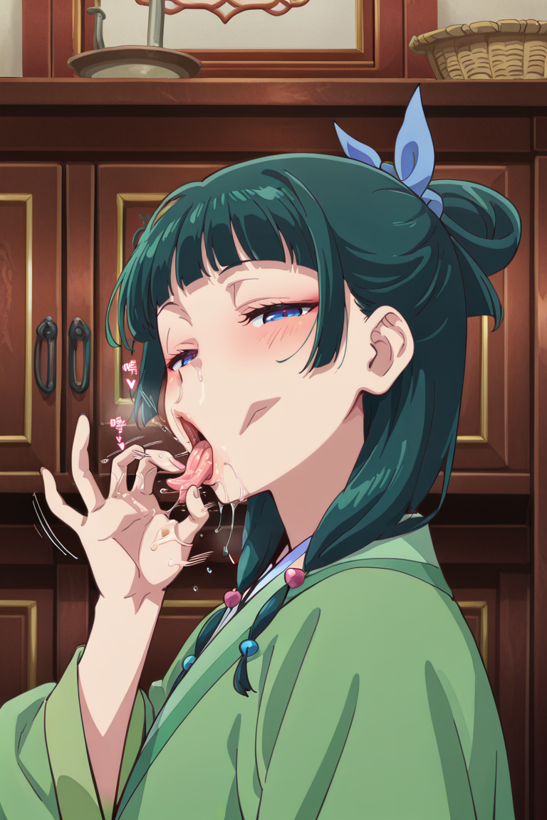 masterpiece , source_anime  , 1girl, Maomao, green hanfu, green hair, blue eyes with detailed highlights, , , open mouth, , tongue out , fellatio gesture, fellatio face, blue rabbit ear hairpin, hair bun, pink and blue beads in hair, braided hair, white inner collar, ,  wooden medicine cabinet, , traditional Chinese interior, looking at viewer,(Fellatio face:1.2) , saliva , half closed eyes , motion lines