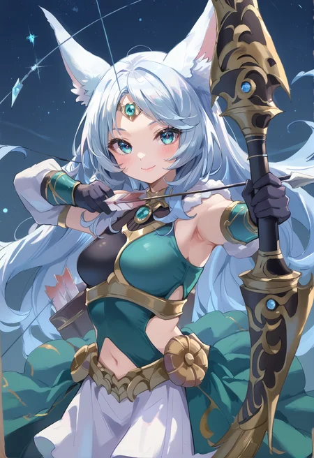 (score_9:0.9),score_8_up,score_7_up,rating_safe,anime style,(zPDXL),<lora:Apollousa, Bow of the Goddess ponyXL v1:0.73>,apollousa bow of the goddess,1girl,solo,bow \(weapon\),smile,holding bow \(weapon\),simple background,black elbow gloves,blush,looking at viewer,medium breasts,green dress,at night,leak,closed mouth,white hair,forehead jewel circlet,<lora:Drawing_bow:0.89>,((drawing bow, aiming at viwer, arrow, (projectile: 1.1), (weapon:1.1