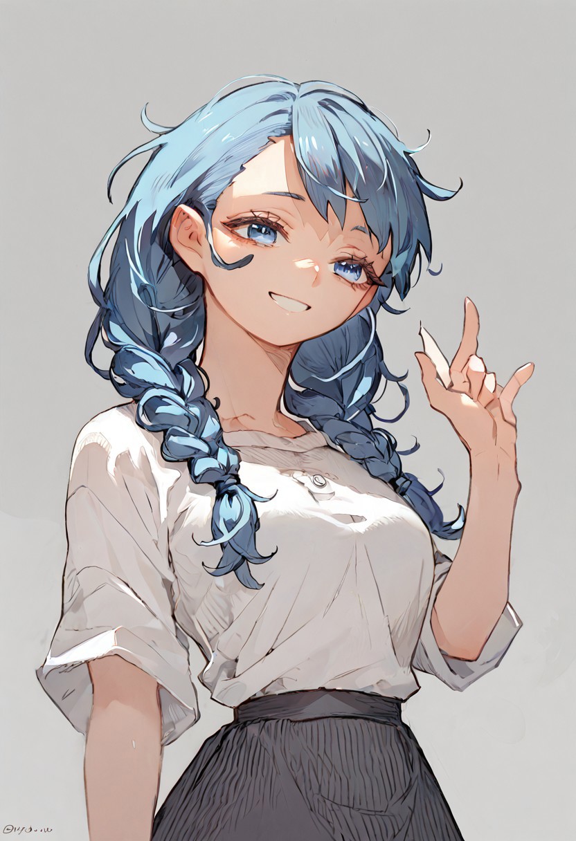 score_9, score_8, score_7, 1girl, solo, long hair, blue eyes, blue hair, twin braids, white shirt, black skirt, smile,