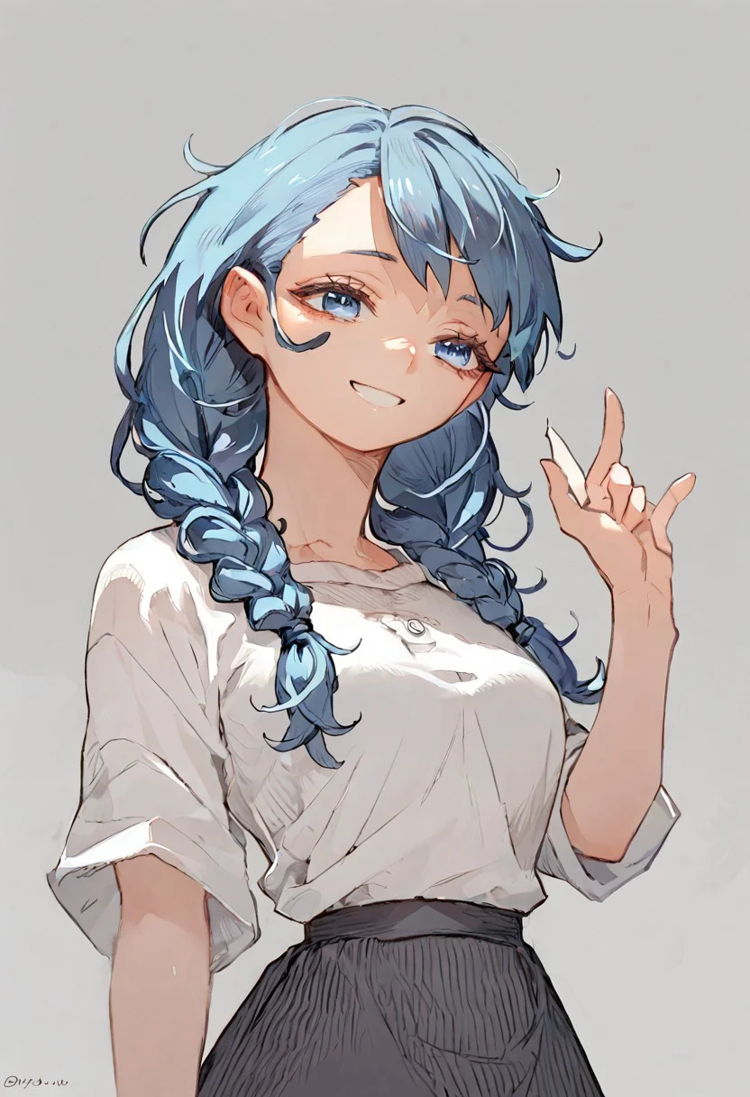 score_9, score_8, score_7, 1girl, solo, long hair, blue eyes, blue hair, twin braids, white shirt, black skirt, smile,