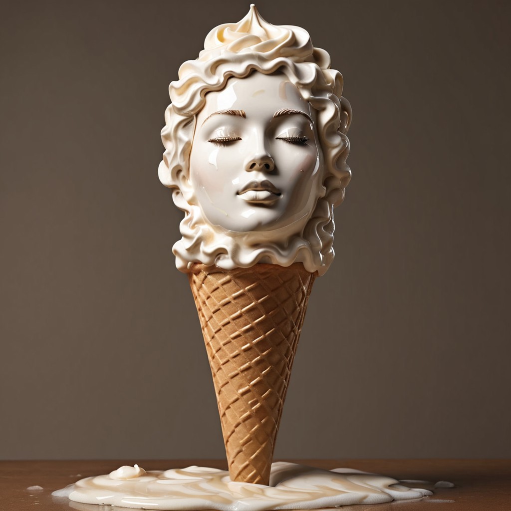 statue, brown background, realistic, closed eyes, shiny, ice cream, made of ice cream, on ice cream cone