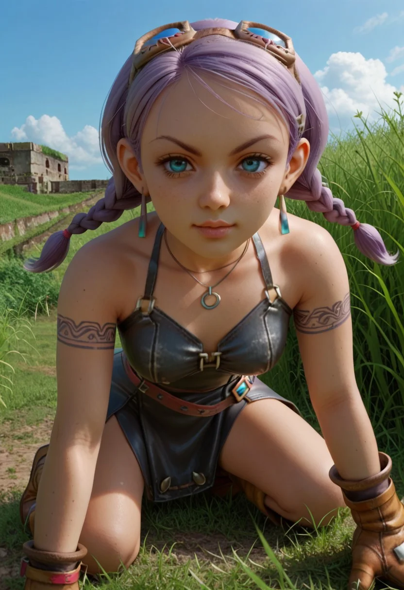 score_9, score_8_up, score_7_up,source anime,highly detailed, looking at viewer, anita,1girl,solo,jewelry,purple hair,braid,dress,tattoo,goggles,earrings,blue eyes,gloves,goggles on head,twintails,necklace,boots, outdoor, sky, grass field, close up