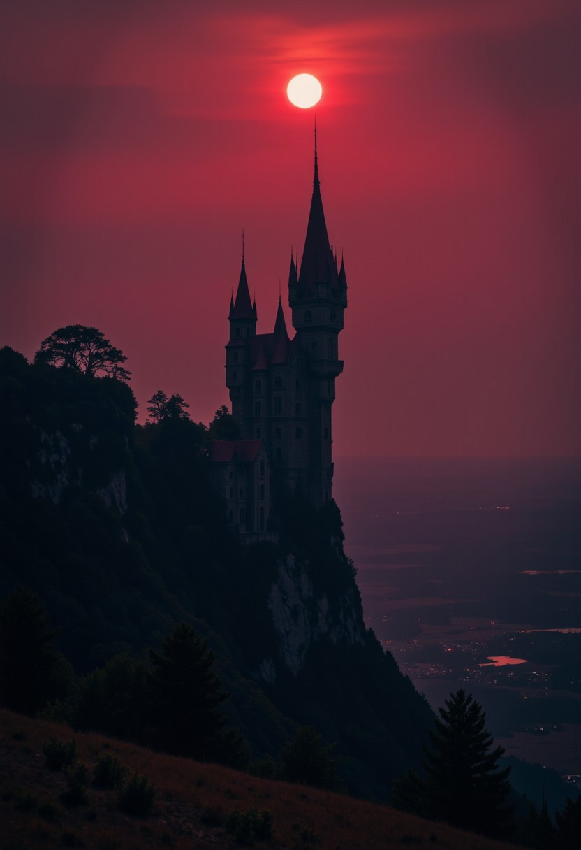 artilands02, a atmospheric Landscape painting in desaturated colors, film scene from Denis Villeneuve. Cinematography. Atmosphere of tension. 
Dracula's castle, isolated on a rocky hill, as seen from far away on a red moon-lit night, crimson roofs, towering over the landscape. His castle is tall and slender infront an endless Landscape scenery, atmospheric haze
