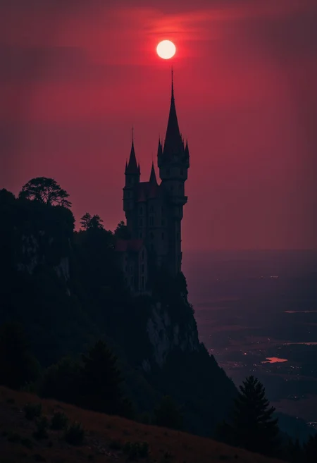artilands02, a atmospheric Landscape painting in desaturated colors, film scene from Denis Villeneuve. Cinematography. Atmosphere of tension. 
Dracula's castle, isolated on a rocky hill, as seen from far away on a red moon-lit night, crimson roofs, towering over the landscape. His castle is tall and slender infront an endless Landscape scenery, atmospheric haze