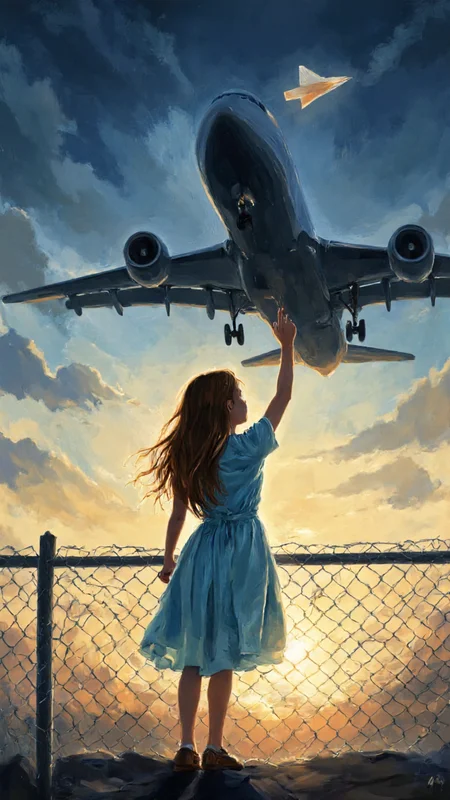 painting with a dreamy, ethereal quality. It depicts a young girl with long, flowing brown hair, wearing a light blue dress and standing on a chain-link fence. The fence is positioned in the foreground, with the girl's back facing the viewer. She is holding a small paper airplane, which she is releasing into the air, symbolizing her desire for flight or escape.In the background, there is a large, dark airplane, likely a commercial jet, with its engines and landing gear visible. The airplane's tail and wings dominate the upper half of the image, casting a shadow on the lower half. The sky is a deep, rich blue, transitioning to a lighter shade near the horizon, suggesting either dusk or dawn. The sun is setting or rising, creating a warm, golden glow that bathes the scene in a serene, almost mystical light.The overall mood is one of longing and anticipation, with the girl's hopeful gesture contrasting the massive, stationary airplane. The textures are smooth and detailed, with the girl's dress flowing gently in the breeze, and the fence's links adding a sense of realism to the otherwise fantastical scene.,aidmaimageupgrader, aidmaMJ6.1 <lora:aidmaMJ6.1-FLUX-v0.5:0.7> <lora:aidmaImageUprader-FLUX-v0.3:0.4>