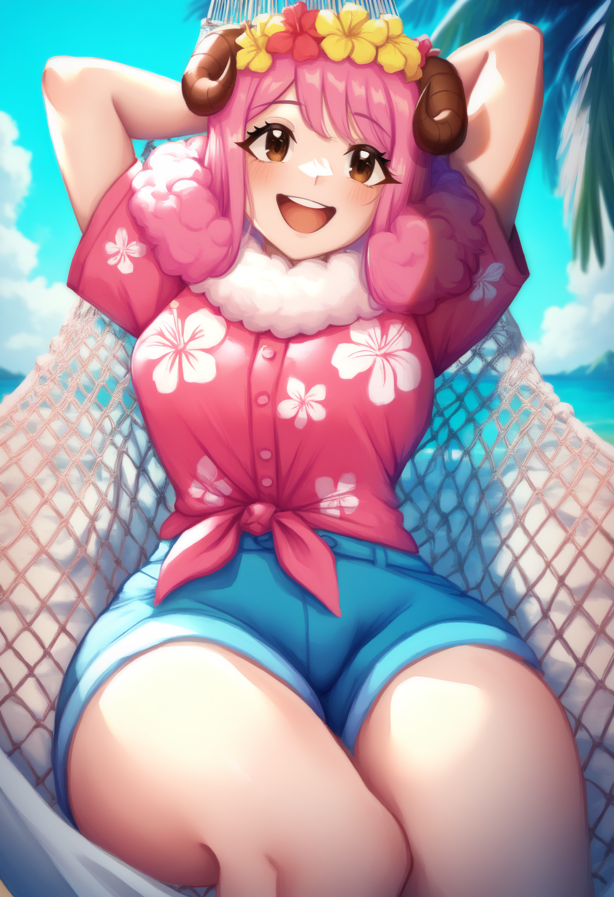 masterpiece, best quality, newest, absurdres, highres, <lora:NSAriesFairyTail:1> NSAriesFaiTai, brown eyes, horns, pink hair, medium hair, fur collar, white collar, hawaiian shirt, floral wreath, palm trees, hammock, arms behind head, happy, shorts, outdoors,