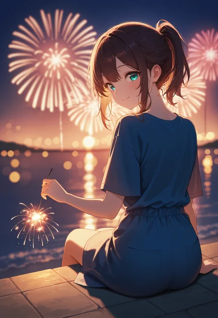 masterpiece, best quality, absurdres, safe
1girl, holding fireworks, sparkler, night, from behind, looking back, backlighting, aerial fireworks, bokeh, smile, sitting
<lora:senkou_hanabi_il_d16:1>
