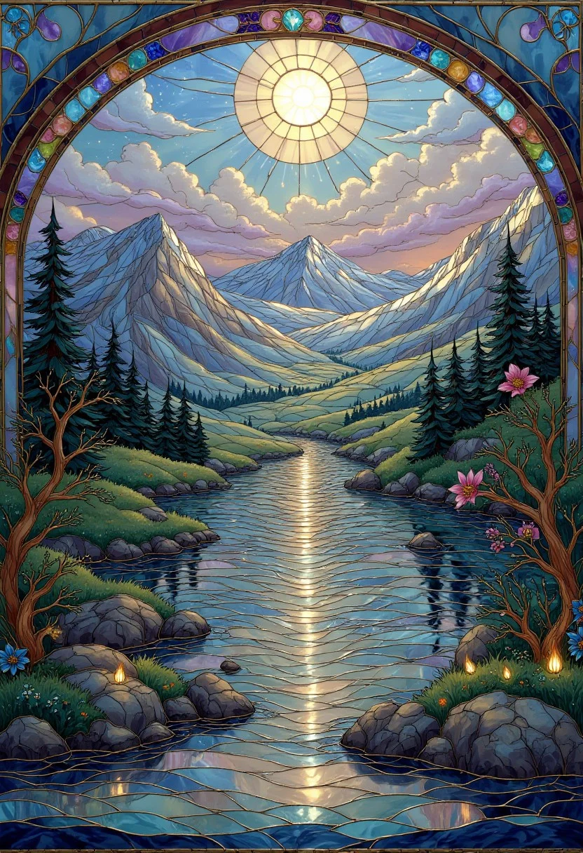 p1nk1est41n3dgl4ss, stained glass, landscape of a Hallstatt, at Twilight, humor, dreamlike and atmospheric landscapes, dark fantasy art, RAW photo
