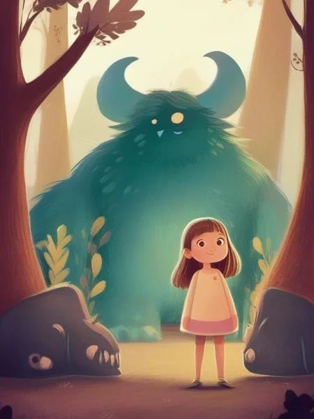 <lora:kids:1> illustration,A little girl is standing in front of a giant monster.
