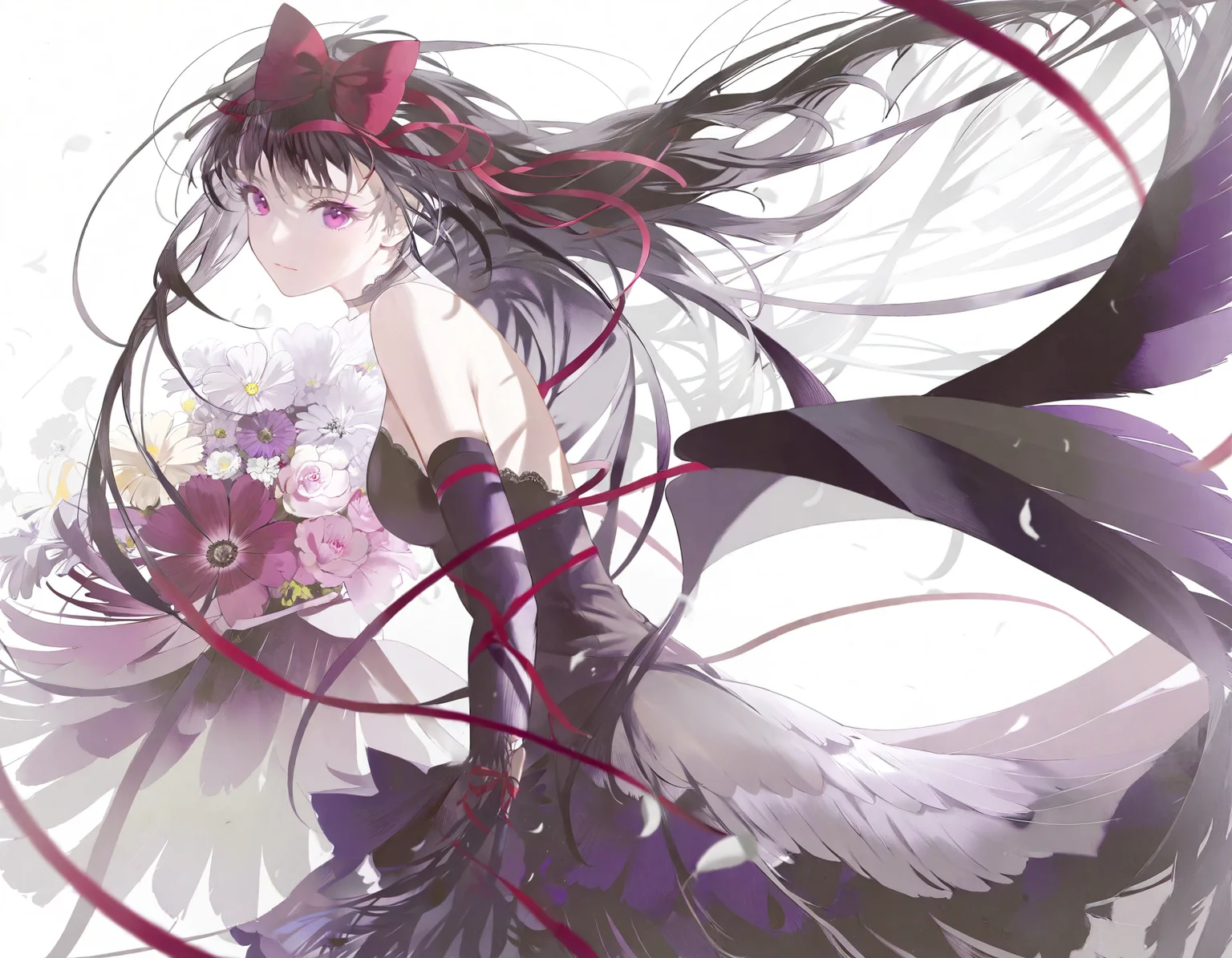 amazing quality, best quality, akuma homura, akemi homura, long hair, 1girl, black hair, solo, flower, looking at viewer, dress, bow, elbow gloves, hair bow, bare shoulders, gloves, wings, black dress, red bow, breasts, bangs, red eyes, from side, very long hair, red ribbon, purple flower, ribbon, white background, floating hair, black gloves, purple eyes, choker, red hairband, closed mouth, upper body, feathered wings, hairband, <lora:inoriac:1>