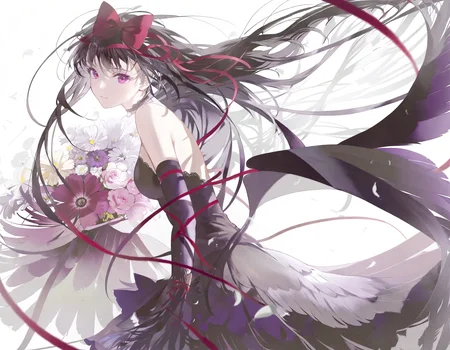 amazing quality, best quality, akuma homura, akemi homura, long hair, 1girl, black hair, solo, flower, looking at viewer, dress, bow, elbow gloves, hair bow, bare shoulders, gloves, wings, black dress, red bow, breasts, bangs, red eyes, from side, very long hair, red ribbon, purple flower, ribbon, white background, floating hair, black gloves, purple eyes, choker, red hairband, closed mouth, upper body, feathered wings, hairband, <lora:inoriac:1>