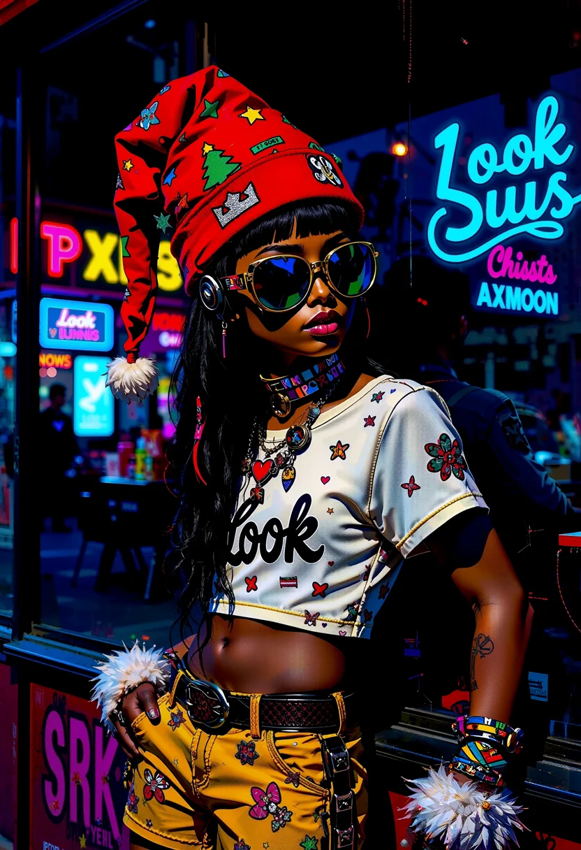 Awesome retouched fashion photography of a girly punk style girl, leaning against a tinted window, late at night, looking at the viewer, black skin, two-tone hair, light eyes, red Christmas elf hat, mirrored polarized sunglasses, colorful helmet, white fur bracelets, hand on hip, with "Look" written on her white crop top, lots of accessories. In the background, reflecting the girl's back and the street lights, the tinted window of a store during Christmas, black tinted glass, Christmas blue neon lightning atmosphere.