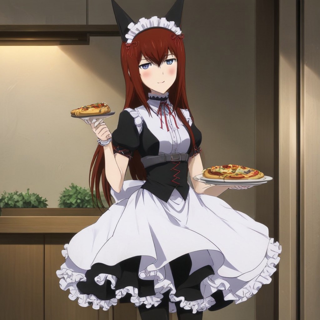 Anime style , A hot and cute pic of Makise Kurisu in maid outfit serving pizza , maid outfit , ribbon , animal ears , red hair , naughty pose , smiling , indoors , full-body view , sexy legs
