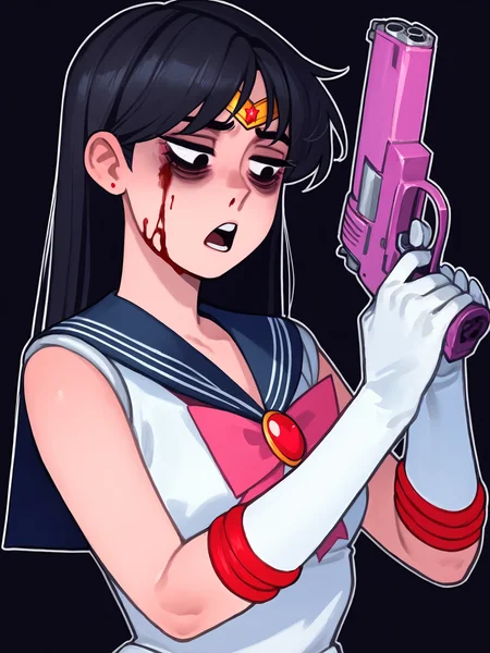 score_9, score_8_up, score_7_up, score_6_up, score_5_up, score_4_up, rating_safe
BREAK
sailor mars, circlet, black hair, black eyes, looking away, tired, half-closed eyes, bags under eyes, sigh, open mouth, looking down, blood on face, blood splatter,
BREAK
solo, portrait, magical girl, red serafuku, from side, holding gun, handgun, blood on weapon,
BREAK
black background, <lora:Lunas-KelvinHiu-SDXL-A1:1>