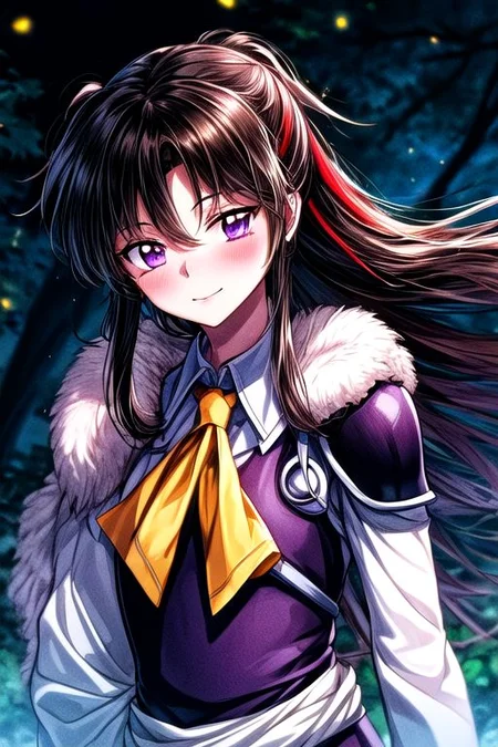 masterpiece, best quality 1girl Setsun4 solo long hair, (night time) forest background black hair very long hair purple eyes multicolored hair armor (fur trim) (medium body),<lora:EMS-179-EMS:0.800000>,<lora:EMS-293862-EMS:0.800000> bow, hair_bow, hair_tubes, red_bow, brown_hair, long_hair, bangs, ascot, frilled_bow, yellow_ascot, blush, smile, hair_between_eyes, athletic, armor
