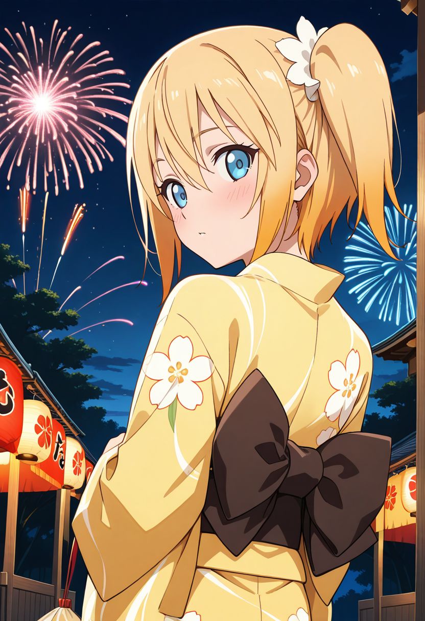 detailed eyes, beautiful, detailed background, perfect eyes,
source_anime, very aesthetic, anime coloring,
<lora:HandFineTuning_XL:1>
BREAK,
japanese village, night, fireworks, festival,
cowboy shot, flat chest, 
from behind, looking back, blush, reaching out, pov, dynamic angle,
BREAK,
<lora:edna_illustrious_v01:0.7>
short hair,  blonde hair, multicolored hair, orange hair, blue eyes, hair between eyes, ednaykt, side ponytail, yellow yukata