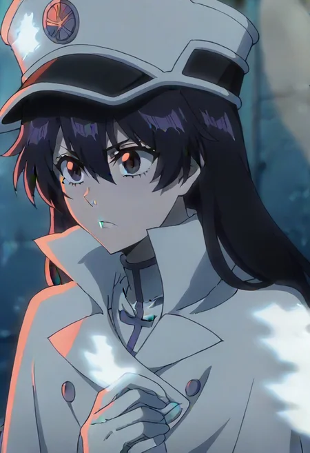 source_anime, anime screencap, anime coloring, nsfw, uncensored, <lora:Bambietta_Basterbine:1>Long hair, black hair, hair between eyes, dark purple eyes,, hat, peaked cap, white headwear, white gloves,