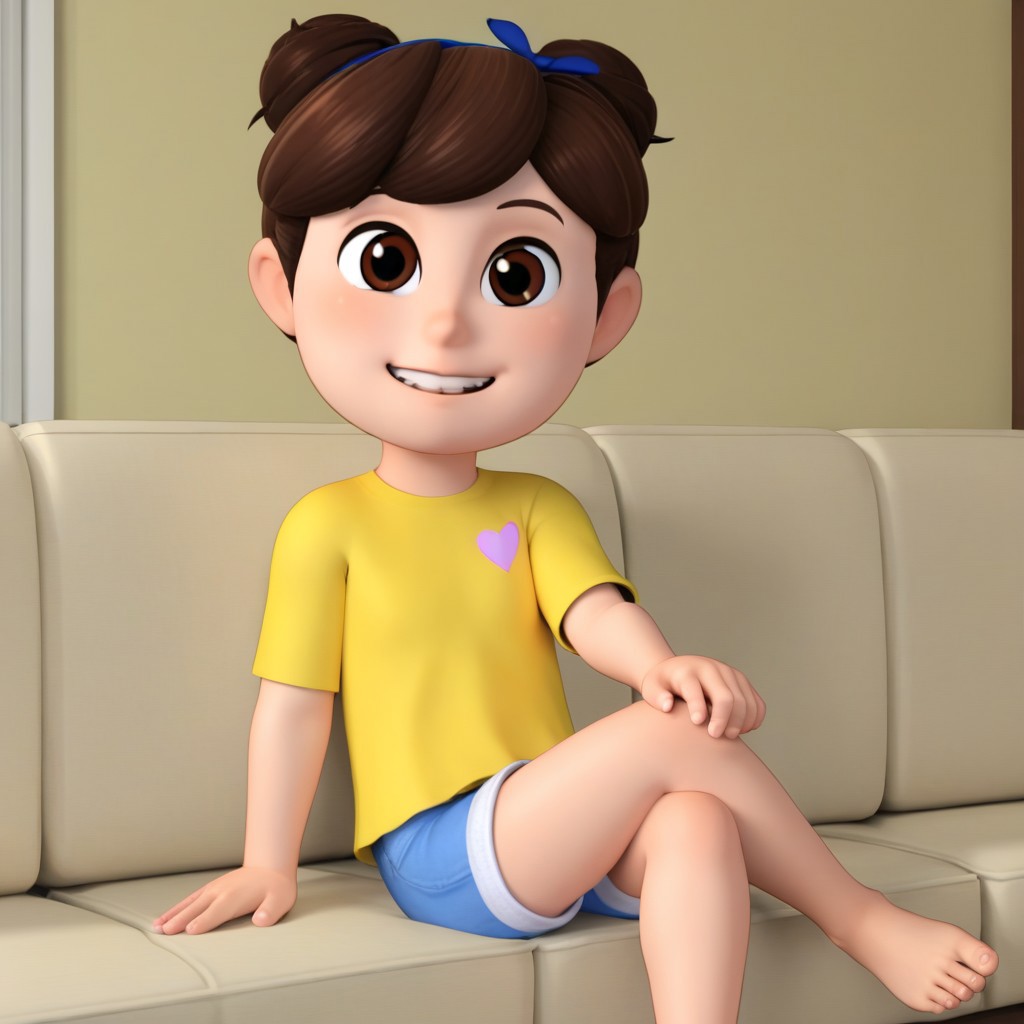 masterpiece, best quality, break, solo, remy_rb, brown hair, brown eyes, double bun, yellow shirt, shorts, sitting, sofa, looking at viewer, smile