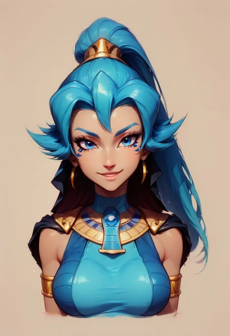score_9, score_8_up, score_8, big breasts, (curvy), cute, eyelashes,
Faded Headshot, faded bottom, faded edges
head tilt, smile
BREAK,
ivroy white skin, zzClair, solo, 1girl, long hair, blue hair, blue eyes, ponytail, blue bodysuit, black cape, blue gloves,
zzEgyptian, usekh collar, gold trim, jewelry, gold, eye of horus, pharaoh's headdress, armlet, zzEgyptian, Egyptian,
BREAK,, zPDXL,