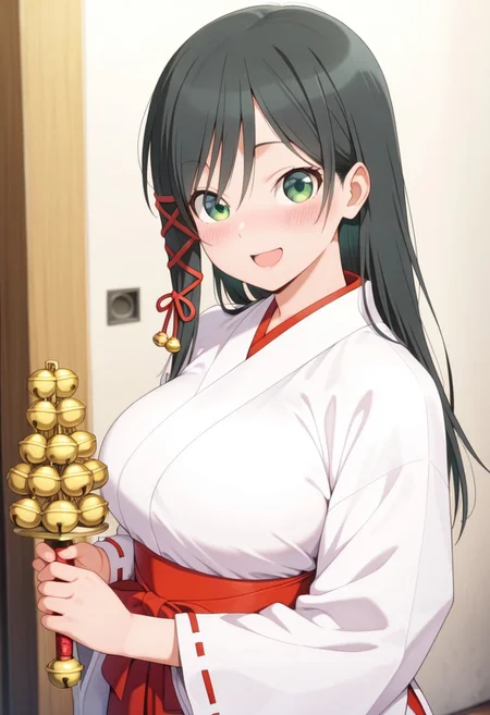masterpiece,best quality,amazing quality, amagami yae, long hair, black hair, green eyes, 1girl, miko, bell, solo, japanese clothes, open mouth, smile, blush, ribbon, jingle bell, holding, hair ribbon, :d, white kimono