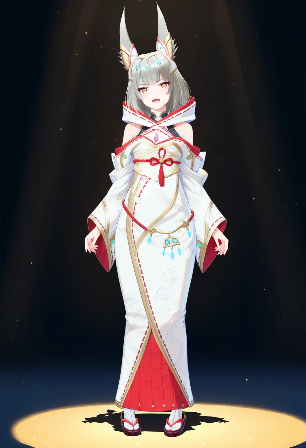 masterpiece, best quality, good quality, queen, nia, multicolor kimono, 1girl, solo, full body, eyes, face paint, standing, breasts, bob cut, tiara, white socks, hood, obi, zouri, inverted core crystal, <lora:nia illustrious 091:1>