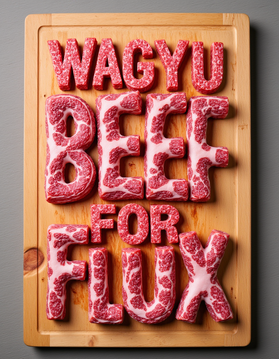 Bold logo text typography poster: "Wagyu Beef for Flux". Random font style. The words are made entirely of meat. On a wooden chopping board background.