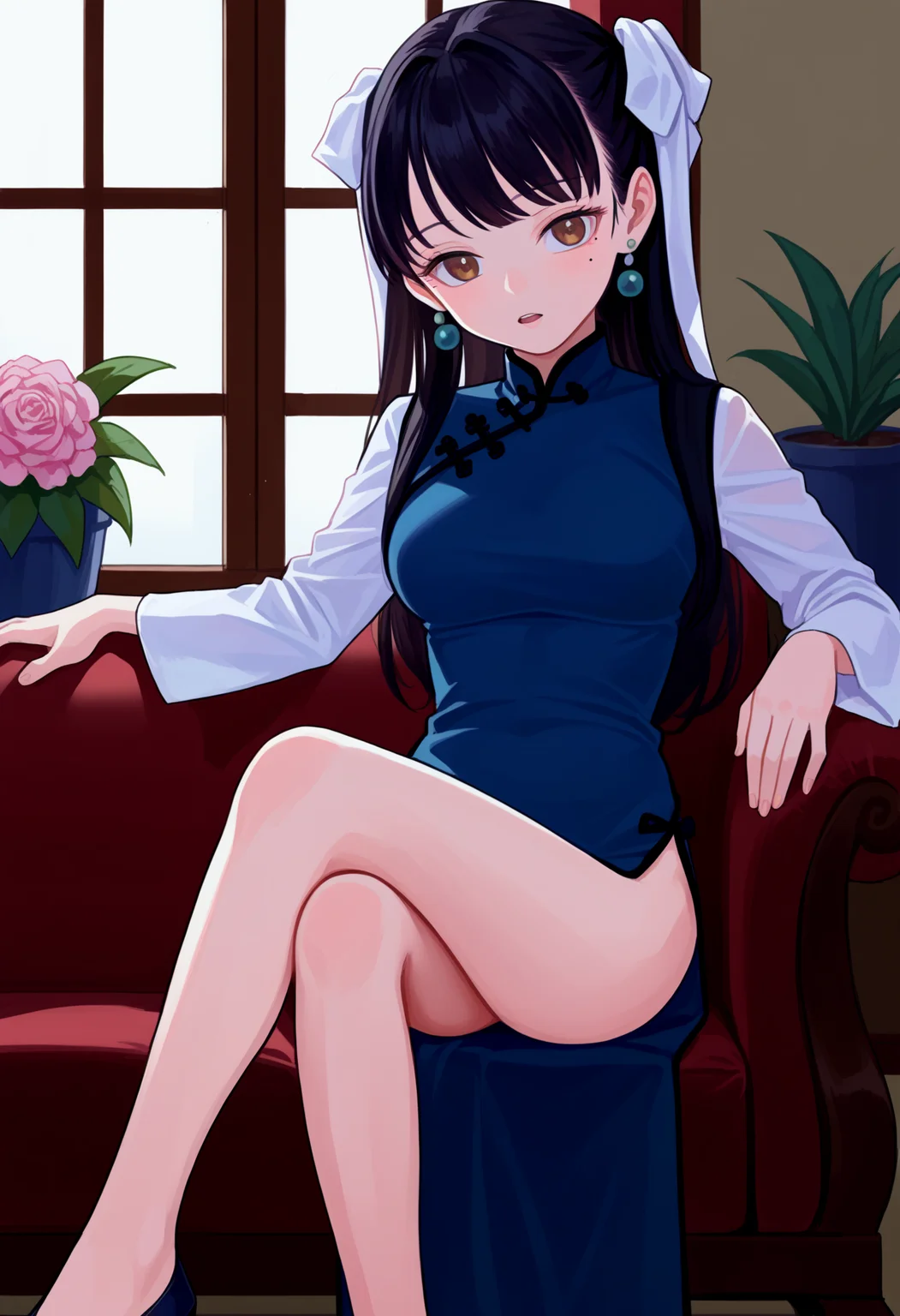 score_9, best quality, masterpiece, uncensored, source_anime
BREAK
1girl, black hair, bow, breasts, brown eyes, china dress, chinese clothes, crossed legs, dress, earrings, flower pot, hair bow, indoors, jewelry, long hair, long sleeves, looking at viewer, medium breasts, mole, mole under eye, open mouth, ponytail, ribbon, sitting, solo, white bow, white ribbon, window
<lora:fkey_pony_v1:1>