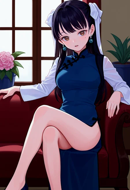 score_9, best quality, masterpiece, uncensored, source_anime
BREAK
1girl, black hair, bow, breasts, brown eyes, china dress, chinese clothes, crossed legs, dress, earrings, flower pot, hair bow, indoors, jewelry, long hair, long sleeves, looking at viewer, medium breasts, mole, mole under eye, open mouth, ponytail, ribbon, sitting, solo, white bow, white ribbon, window
<lora:fkey_pony_v1:1>