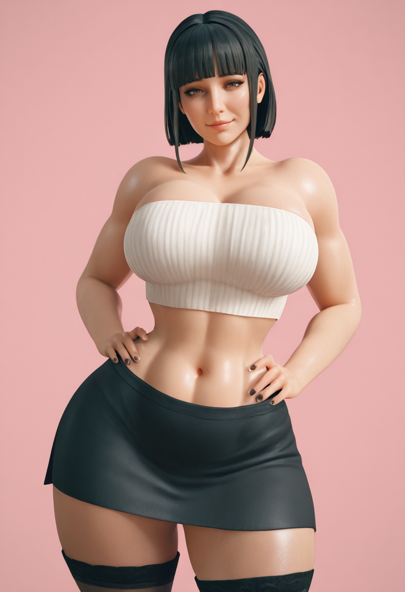 <lora:3D_mix_v2:1> 3dMix, 3d, realistic,
1girl, solo, cowboy shot, 
standing, hands on own hips,
looking at viewer, light smile, closed mouth, 
black hair, short hair, blunt bangs, sidelocks, 
brown eyes, parted lips, nail polish, 
mature female,   
white tube top, strapless, crop top, 
black miniskirt, midriff, navel, 
thighhighs, zettai ryouiki, 
pink background, simple background,