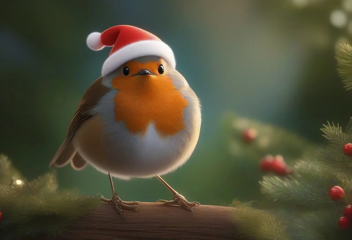 A happy cute, robin, (wearing a Christmas hat), Adorable, heart warming, cheerful, detailed, bright colours, friendly expression, small size, shiny, eco-friendly, garden, environmental, sunlight, shadows, digital art, whimsical, playful, intricate details, high resolution, photorealistic, joyful atmosphere, gentle, soft lighting, cartoonish style, enchanting, vivid, appealing, character design, imaginative, family-friendly, [photography, realistic, photorealistic, (8k), (highly detailed), cinematic lighting, intricate details, (high resolution), award-winning,   correct focus, realistic, realistic lighting, (highly detailed),  masterpiece], ((Cinematic Still-Shot))