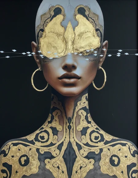 Portrait Chris Luha Art. This is a highly detailed, surrealistic watercolor painting of a close-up of a person's upper torso and head. The subject is a bald woman with dark skin, adorned with intricate, tribal-style tattoos that cover her entire face and chest. The tattoos are done in a gold and black color scheme, with elaborate patterns and geometric designs that include symmetrical swirls, triangles, and abstract shapes. The woman's facial features are barely discernible due to the extensive tattooing, which extends from her forehead, around her eyes, and down to her lips. Her eyes are closed, and her expression is calm and serene. She wears large gold hoop earrings and has a slight smile, adding a subtle, serene expression to her face. The background is completely black, which contrasts sharply with the gold and black tattoos, making them stand out prominently. The lighting is soft and diffused, highlighting the smooth texture of the skin and the intricate details of the tattoos. The overall style of the artwork is contemporary and abstract, with a strong emphasis on geometric patterns and bold, contrasting colors. <lora:Chris_Luka:1>