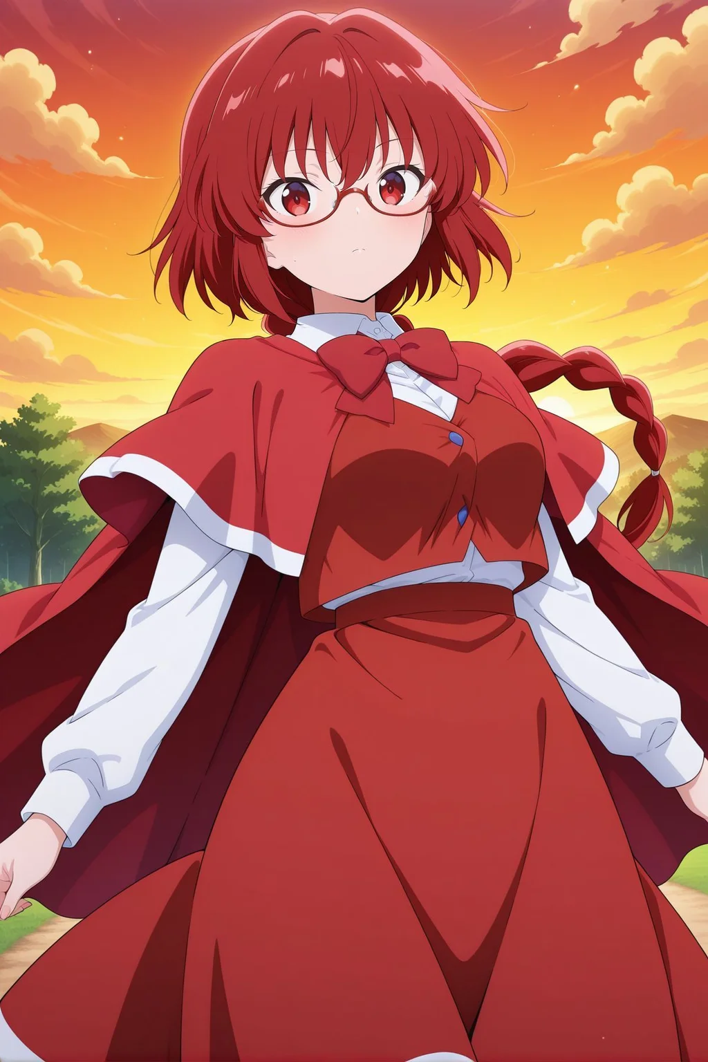 absurdres, highres, masterpiece, best quality, amazing quality, official anime artwork, screencap, anime screencap, outdoors, looking at viewer, dynamic pose,
<lora:Yumemi-Okazaki_Illustrious:1> okazaki yumemi, 1girl, solo, red eyes, red hair, long hair, single braid,, red bowtie, red capelet, red cape, red-framed eyewear, white shirt, long sleeves, red vest, red skirt,
