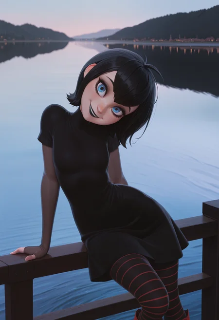 masterpiece, best quality, absurdres, highres, high quality, highly detailed,
1girl, solo, mavis dracula \(hotel transylvania\), black hair, short hair, blue eyes, black lipstick, smile, looking at viewer, head tilt, head down,
black dress, striped pantyhose, pantyhose, fingerless, red footwear, see-through sleeves,
upper body,
leaning to the side, sitting, on railing,
outdoors, depth of field, cinematic, lake,
no lineart, pixelsketcher, <lora:incase_new_style_red_ill:0.6>, <lora:bonifasko_ill:0.4>, <lora:MavisDracula_illustrious_Leaf1:0.5>