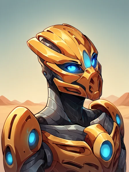 Score_9, score_8_up, score_7_up, score_6_up, desert backdrop, Bionicle, solo, upper body, glowing blue eyes, gray body, golden armor, golden mask, <lora:BionicleXL:1>