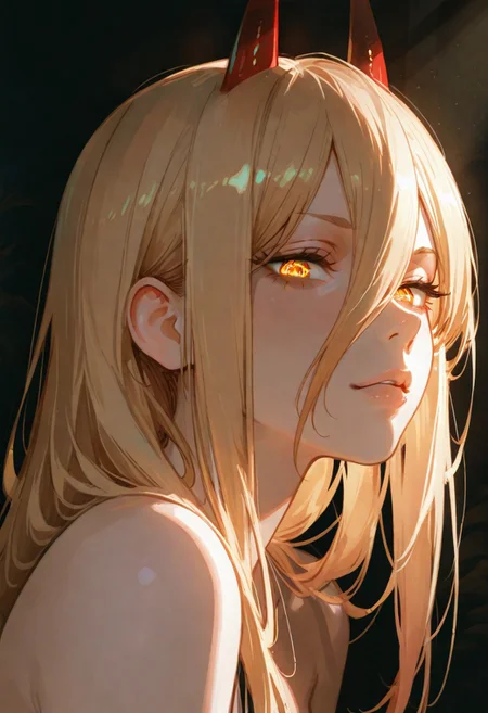 masterpiece, best quality, hyper-realistic, ultra-HD, luminous lighting, cinematic ambiance, shimmering gradients, ethereal glow, deep contrast, rich color tones, seductive atmosphere, captivating sensuality, Cinematic Lighting,
BREAK
raytracing, volumetric lighting, ambient occlusion, Background, girl,
BREAK
power \(chainsaw man\), chainsaw man,
long hair, horns, demon horns, yellow eyes, symbol-shaped pupils, blonde hair, red horns, hair between eyes,
portraits,