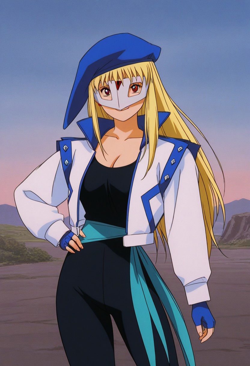 score_9, score_8_up, score_7_up, source_anime,masterpiece, best quality,  retro_artstyle,perfect_anatomy,1girl,Vega,solo,domino_mask,red_eyes,blonde_hair,blue_headwear,cleavage,open_jacket,long_sleeves,fingerless_gloves,(detailed face and eyes,smile:1.2),(cowboy shot),close to viewer,outdoor,sky