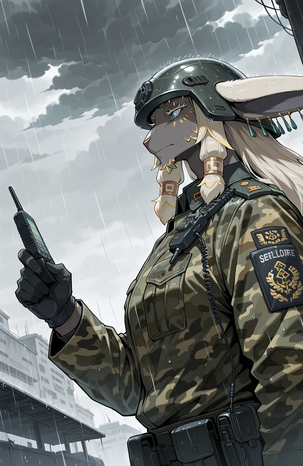 totk_rauru,
solo,
upper body, perspective, from side,
military uniform,  camouflage_jacket, helmet, pointing, walkie-talkie, holding walkie-talkie, talking,
<lora:[Char - IL] Zelda - Rauru (R1E20):1> 
BREAK
cloudy, overcast, raining, military base, soldiers in background,
masterpiece, best quality, amazing quality, very aesthetic, absurdres, newest,
