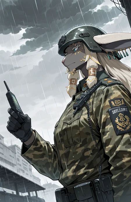 totk_rauru,
solo,
upper body, perspective, from side,
military uniform,  camouflage_jacket, helmet, pointing, walkie-talkie, holding walkie-talkie, talking,
<lora:[Char - IL] Zelda - Rauru (R1E20):1> 
BREAK
cloudy, overcast, raining, military base, soldiers in background,
masterpiece, best quality, amazing quality, very aesthetic, absurdres, newest,