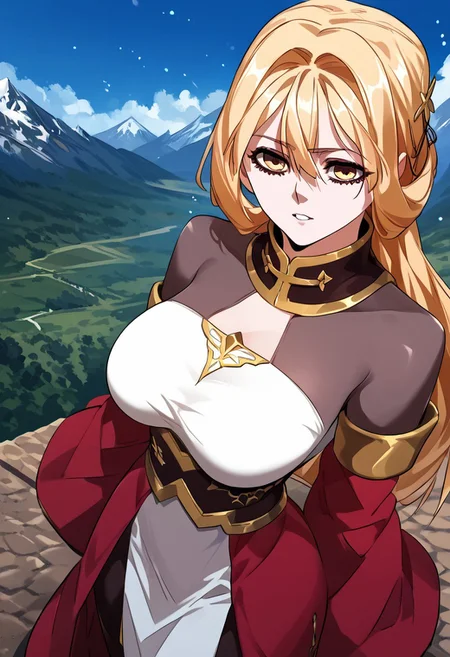 zPDXL3, score_9_up, score_8_up, score_7_up, Anime_source, 1girl, LuoYun-Chang, yellow eyes, blonde hair, long hair, hair ornament, Luo-dress, big breast, cowboy shot, looking at viewer, from above, dutch angle, parted lips, mountains, particles