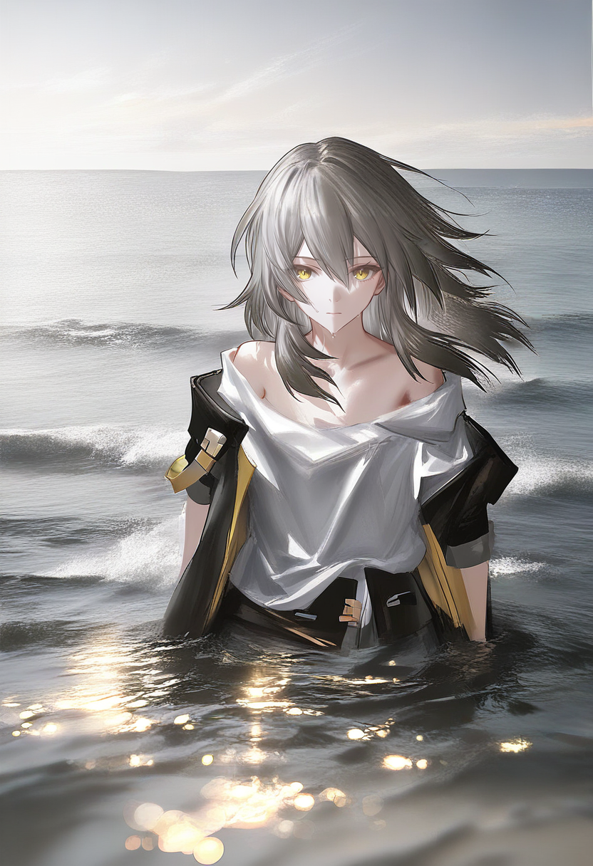 1girl, solo, stelle \(honkai: star rail\), trailblazer \(honkai: star rail\), grey hair, yellow eyes, shirt, white shirt, looking at viewer, black jacket, jacket, water, closed mouth, long hair, bare shoulders, ocean <lora:YLXL_NBVP1_lokr_V6311P:0.95>