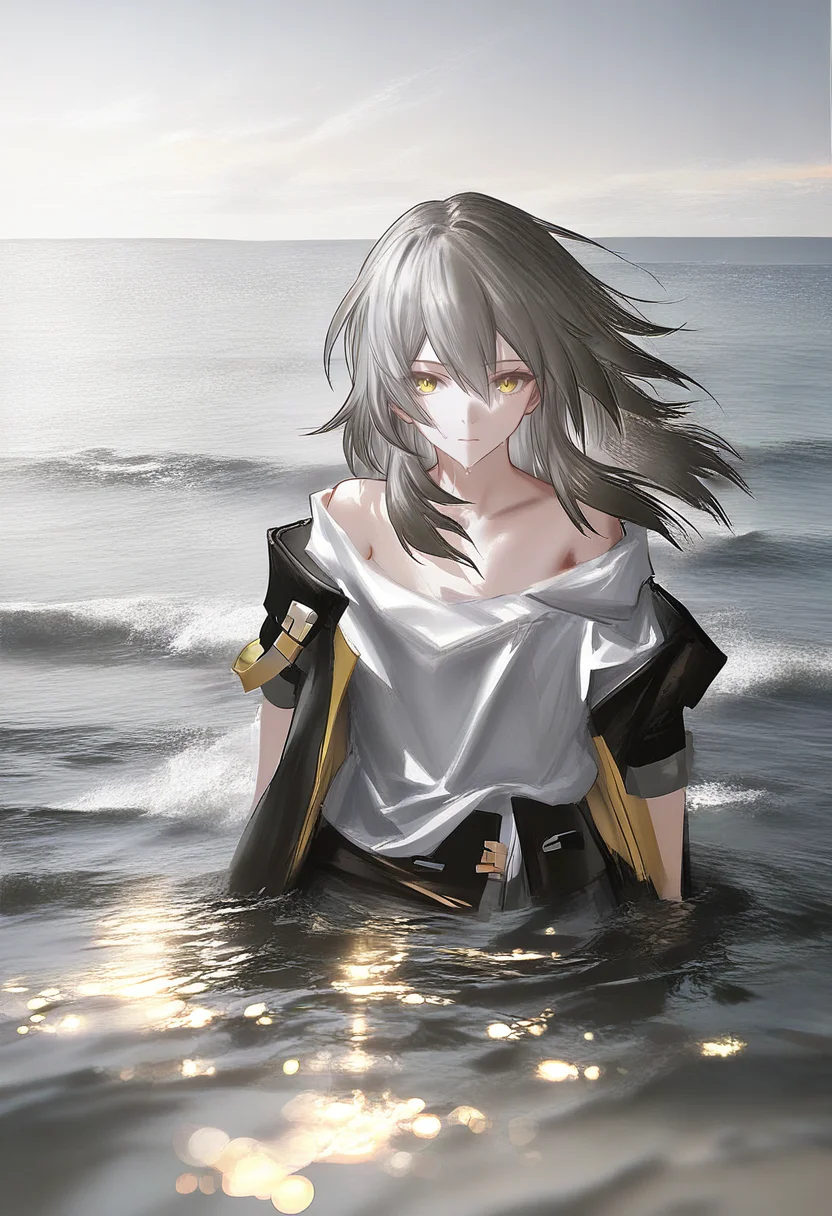 1girl, solo, stelle \(honkai: star rail\), trailblazer \(honkai: star rail\), grey hair, yellow eyes, shirt, white shirt, looking at viewer, black jacket, jacket, water, closed mouth, long hair, bare shoulders, ocean <lora:YLXL_NBVP1_lokr_V6311P:0.95>