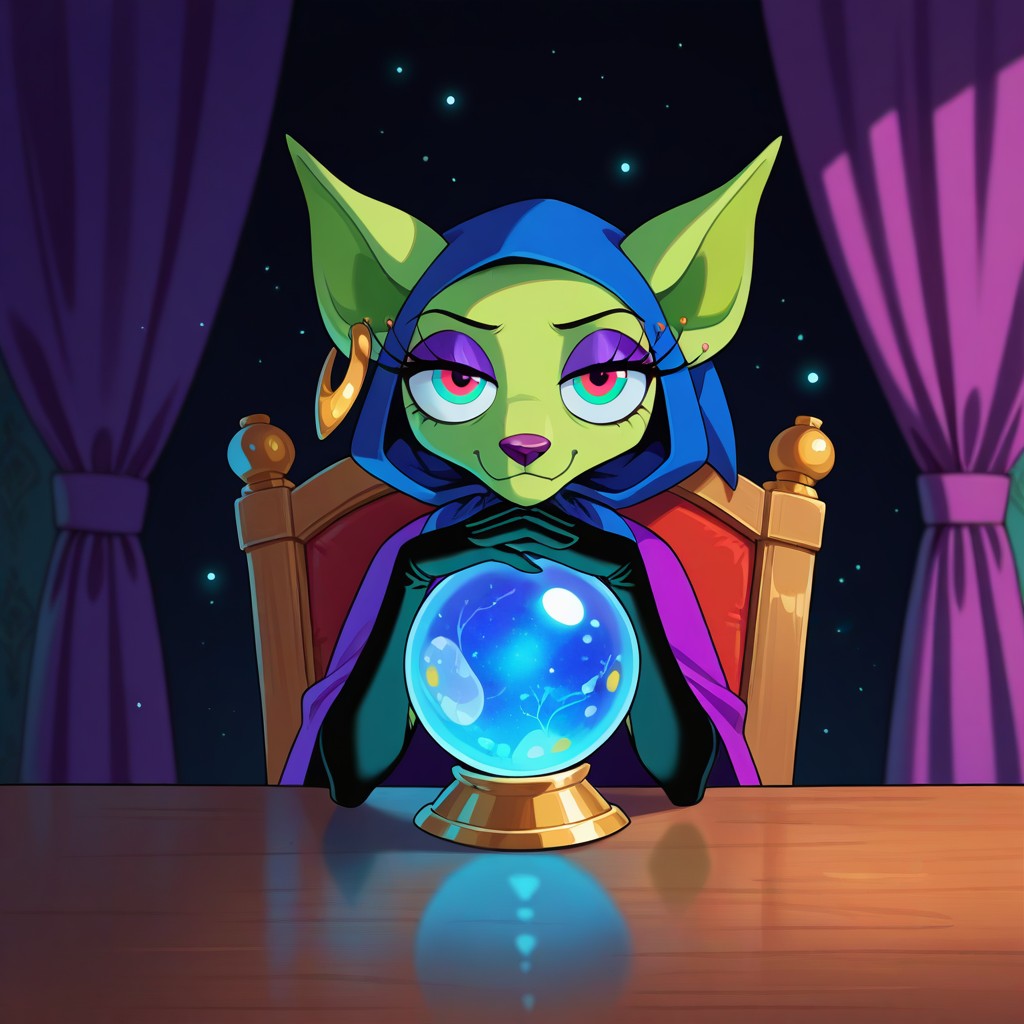 masterpiece, best quality, amazing quality, very aesthetic, high resolution, ultra-detailed, absurdres, newest, scenery, BREAK, detailed background, detailed hair, depth of field, detailed fluffy fur, photorealistic details, volumetric lighting, (dust particles in the air:1.2), light rays, room, dark theme, dimly lit, purple curtains, masterpiece, newest, absurdres, safe, , very aesthetic, absurdres, shirleyTM, anthro, furry female, chihuahua girl, eyelashes, purple eyelids, green skin, sharp ears, purple nose, black elbow gloves, green dress, purple cape, multicolored eyes, gold earring, blue hood, looking at viewer, smile, closed mouth, sitting on chair, behind table, upper body, divination crystal ball, half closed eyes, steepled hands, ((front view)),, <lora:2b34ba43-fac4-4ad9-80f5-ad26c2e81ea0:1.0>
