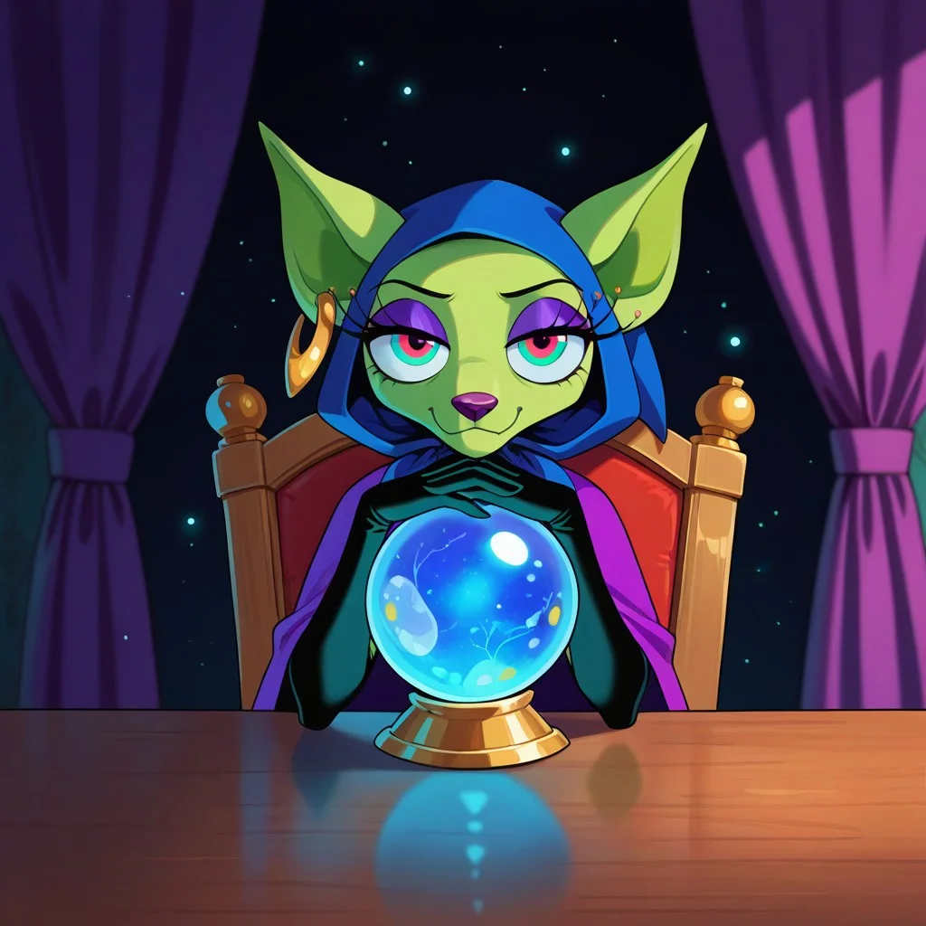 masterpiece, best quality, amazing quality, very aesthetic, high resolution, ultra-detailed, absurdres, newest, scenery, BREAK, detailed background, detailed hair, depth of field, detailed fluffy fur, photorealistic details, volumetric lighting, (dust particles in the air:1.2), light rays, room, dark theme, dimly lit, purple curtains, masterpiece, newest, absurdres, safe, , very aesthetic, absurdres, shirleyTM, anthro, furry female, chihuahua girl, eyelashes, purple eyelids, green skin, sharp ears, purple nose, black elbow gloves, green dress, purple cape, multicolored eyes, gold earring, blue hood, looking at viewer, smile, closed mouth, sitting on chair, behind table, upper body, divination crystal ball, half closed eyes, steepled hands, ((front view)),, <lora:2b34ba43-fac4-4ad9-80f5-ad26c2e81ea0:1.0>