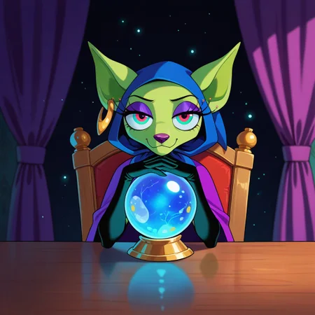 masterpiece, best quality, amazing quality, very aesthetic, high resolution, ultra-detailed, absurdres, newest, scenery, BREAK, detailed background, detailed hair, depth of field, detailed fluffy fur, photorealistic details, volumetric lighting, (dust particles in the air:1.2), light rays, room, dark theme, dimly lit, purple curtains, masterpiece, newest, absurdres, safe, , very aesthetic, absurdres, shirleyTM, anthro, furry female, chihuahua girl, eyelashes, purple eyelids, green skin, sharp ears, purple nose, black elbow gloves, green dress, purple cape, multicolored eyes, gold earring, blue hood, looking at viewer, smile, closed mouth, sitting on chair, behind table, upper body, divination crystal ball, half closed eyes, steepled hands, ((front view)),, <lora:2b34ba43-fac4-4ad9-80f5-ad26c2e81ea0:1.0>