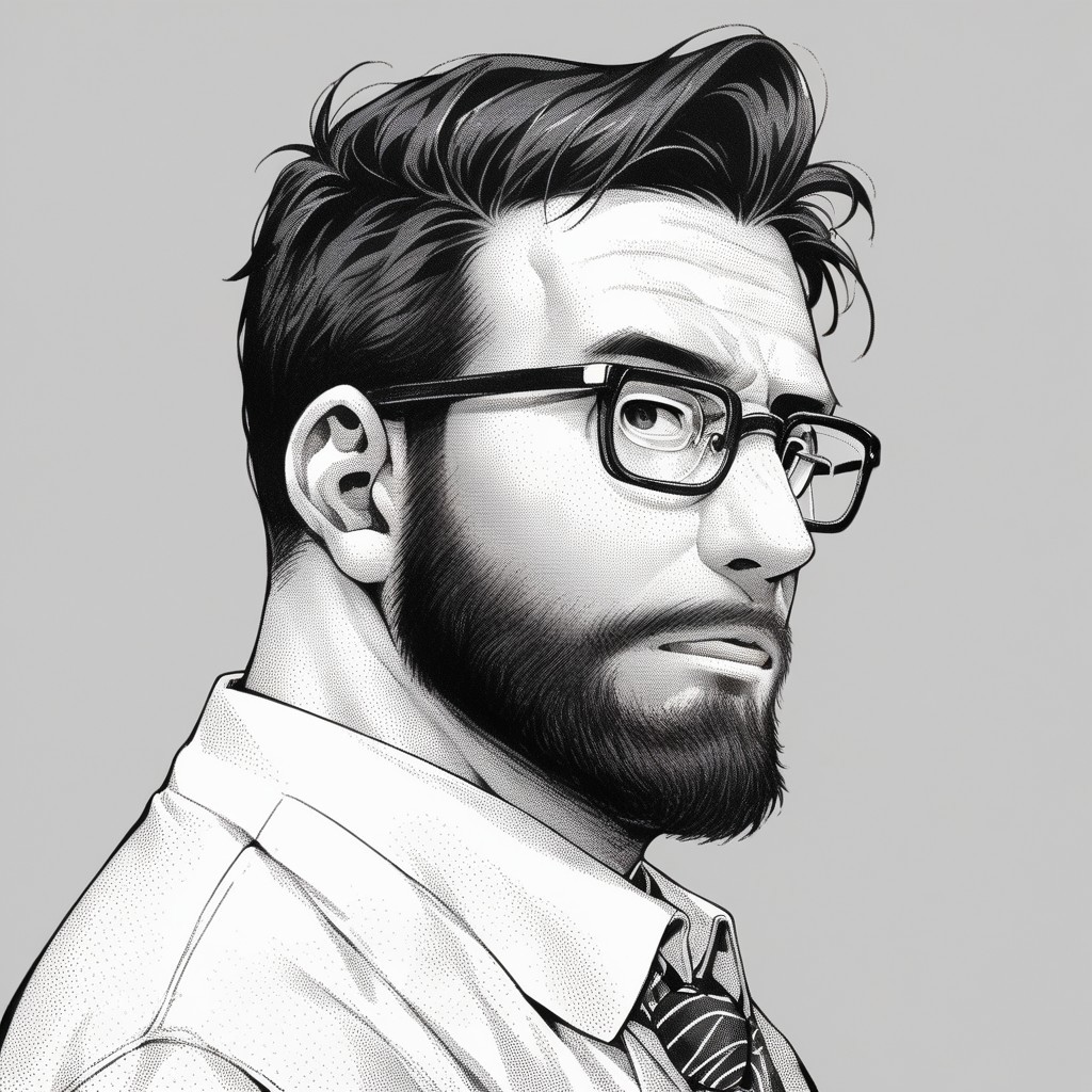 score_9, score_8_up, score_7_up, 1boy, glasses, solo, male focus, beard, facial hair, stippling, stippling drawing, stippling style