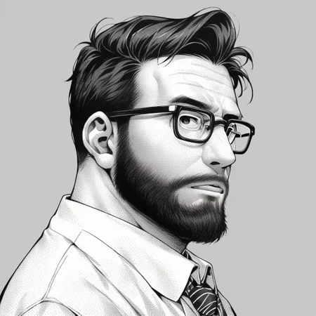 score_9, score_8_up, score_7_up, 1boy, glasses, solo, male focus, beard, facial hair, stippling, stippling drawing, stippling style