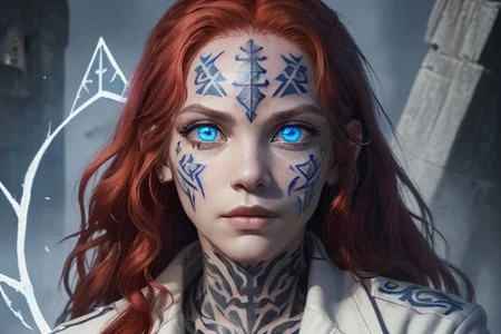 bright red hair, human female, (feminine:1.7), (beautiful face, detailed face:1.6), (beautiful eyes, detailed eyes:1.7), (looking at viewer, eye contact, intense:1.6), (long hair, red hair, curly hair:1.3), , ((masterpiece, best quality, high resolution, realistic, best quality,)), photo realistic, Perfect Face, (detailed face). <lora:GoodHands-vanilla:0.6> <lora:add-detail-xl:0.8>, mage, (Dress White military uniform coat), dagger, rune dagger, glowing runes, , (((glowing magic symbols tattoos, religious tattoos))), ((face tattoos)), glowing tattoos, stone tower in the background