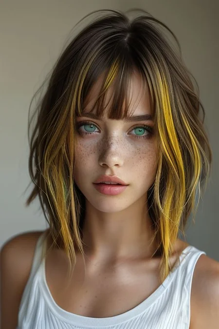 1girl,solo,bellissima,breasts,looking at viewer,short hair,bangs,blonde hair,simple background,shirt,green eyes,upper body,parted lips,teeth,sleeveless,grey background,lips,eyelashes,sleeveless shirt,freckles,yellow shirt,realistic
